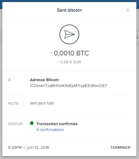 Coinbase - confirmation d'une transaction