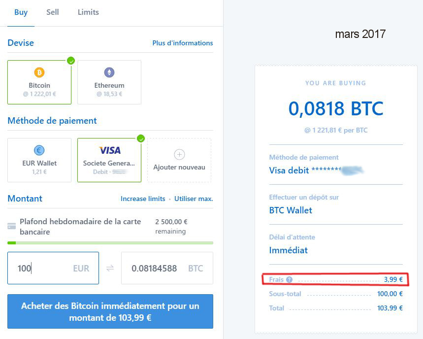 Coinbase - achat BTC via visa - 3,99 pct frais