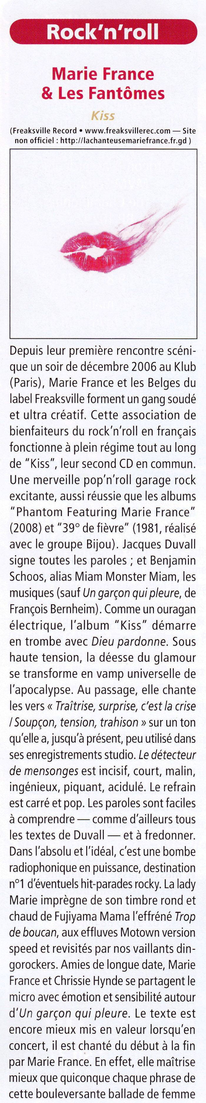 Longue chronique détaillée de l'album "KISS" de MARIE FRANCE & LES FANTÔMES  dans “ACCORDÉON  & ACCORDÉONISTES” n°116 (février 2012) 1201250908461423619347295