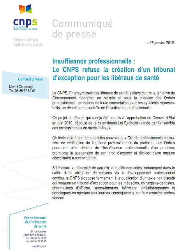 Communiqué de presse FNI/CNPS : Insuffisance professionnelle : Le CNPS refuse la création d’un tribunal d’exception pour les libéraux de santé  1201260116031139709349285