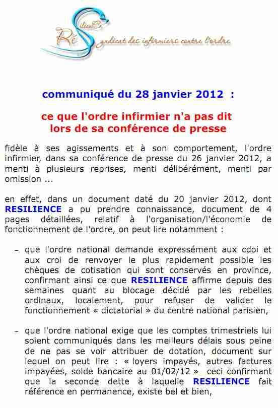 Communiqué RESILIENCE du 28 janvier 2012  :  ce que l'ordre infirmier n'a pas dit  lors de sa conférence de presse 1201281205101139709358124