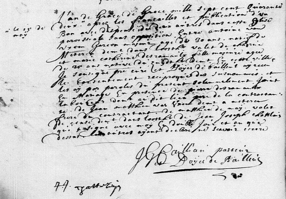 Acte mariage Antoine VANUXEM et Marie Catherine DESRAMEAUX 1742