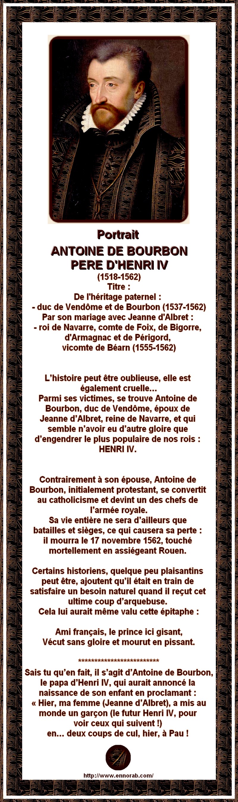 FRANCE - ANTOINE DE BOURBON PERE D'HENRI IV VECUT SANS GLOIRE ET MOURUT EN PISSANT 1202200451511431779463955