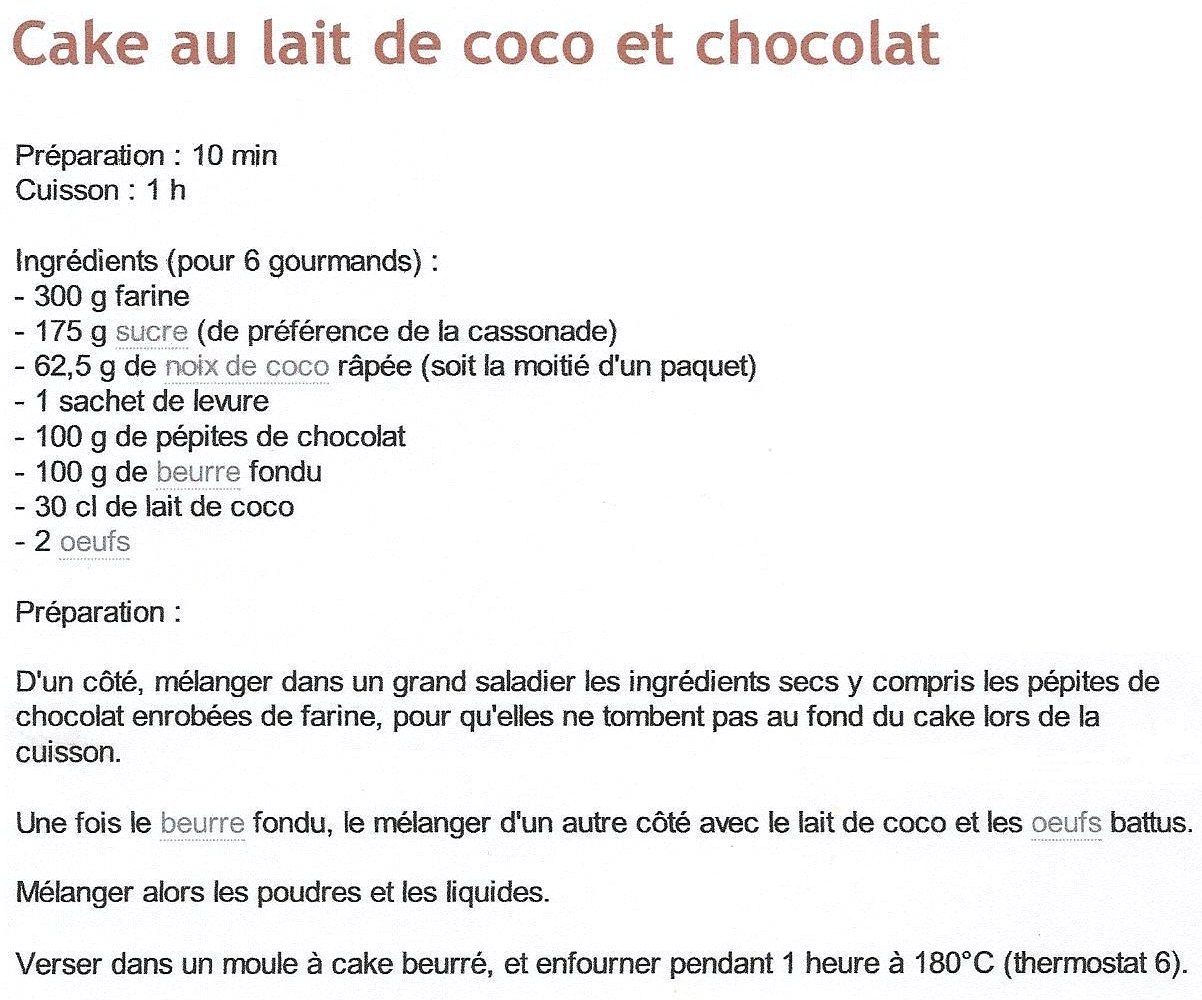 Cuisine - Cake lait coco et chocolat