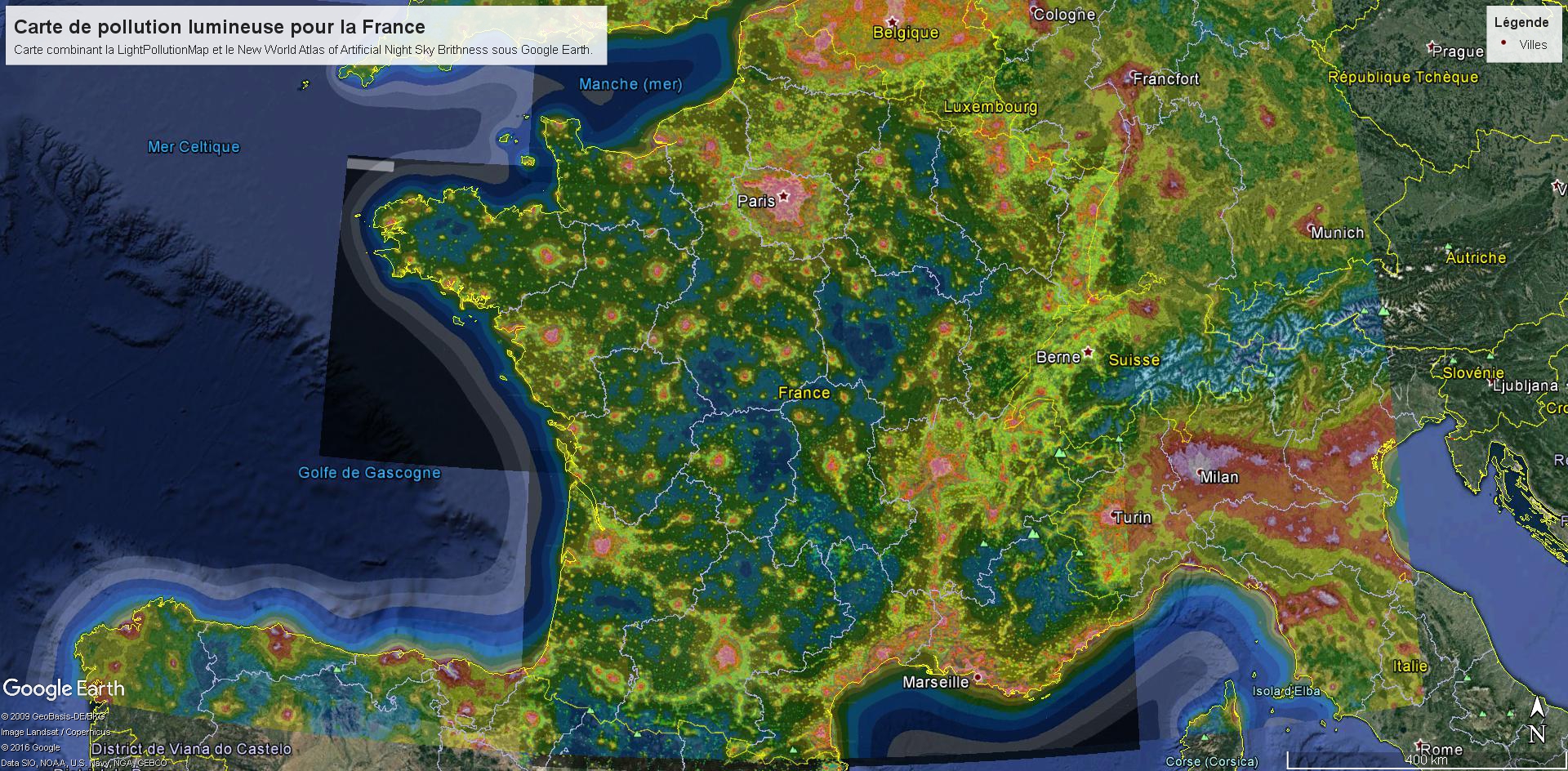 Carte combinée de la pollution lumineuse en France