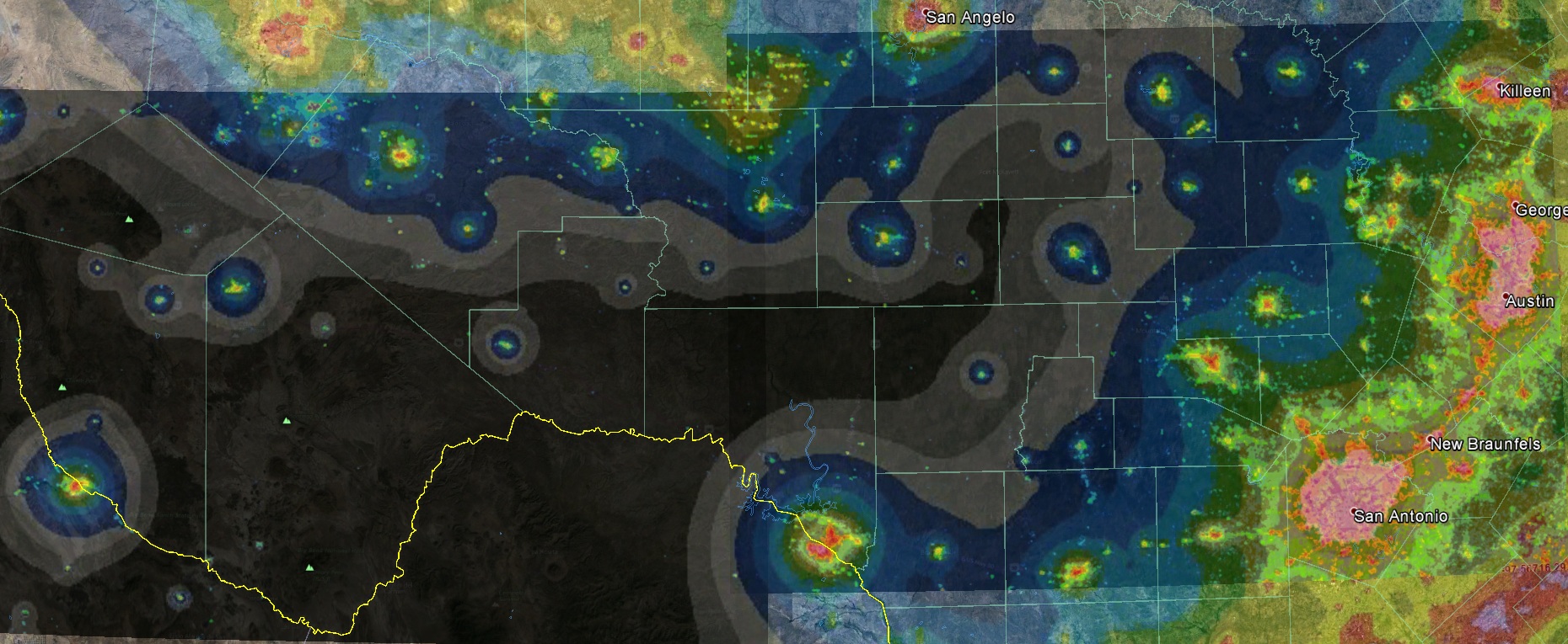 Carte combinée de la pollution lumineuse ouest Texas