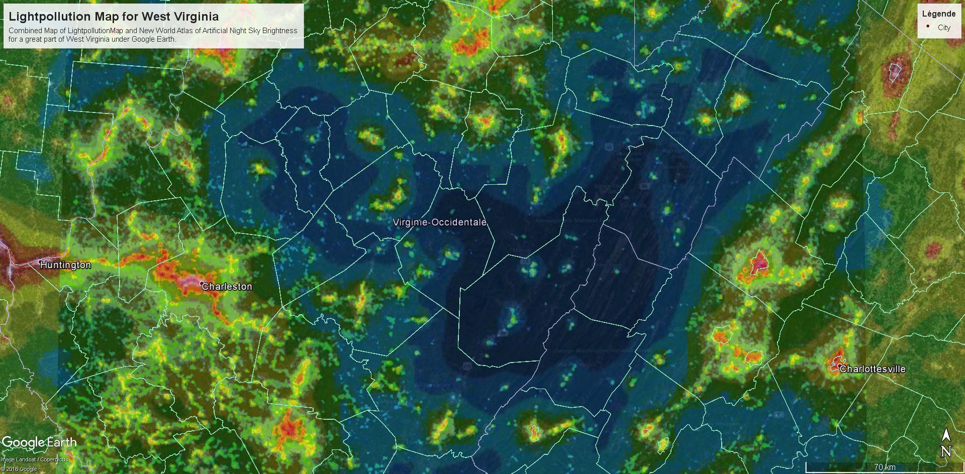 Carte combinée de la pollution lumineuse West Virginia