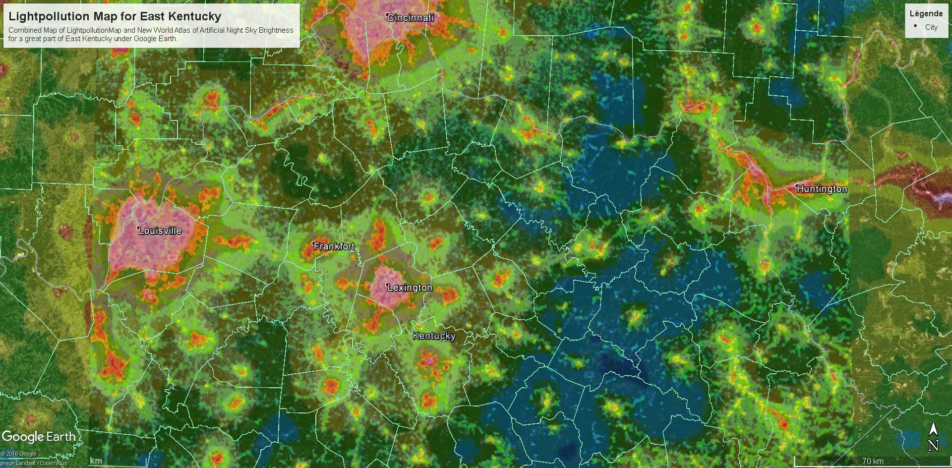 Carte combinée de la pollution lumineuse East Kentucky