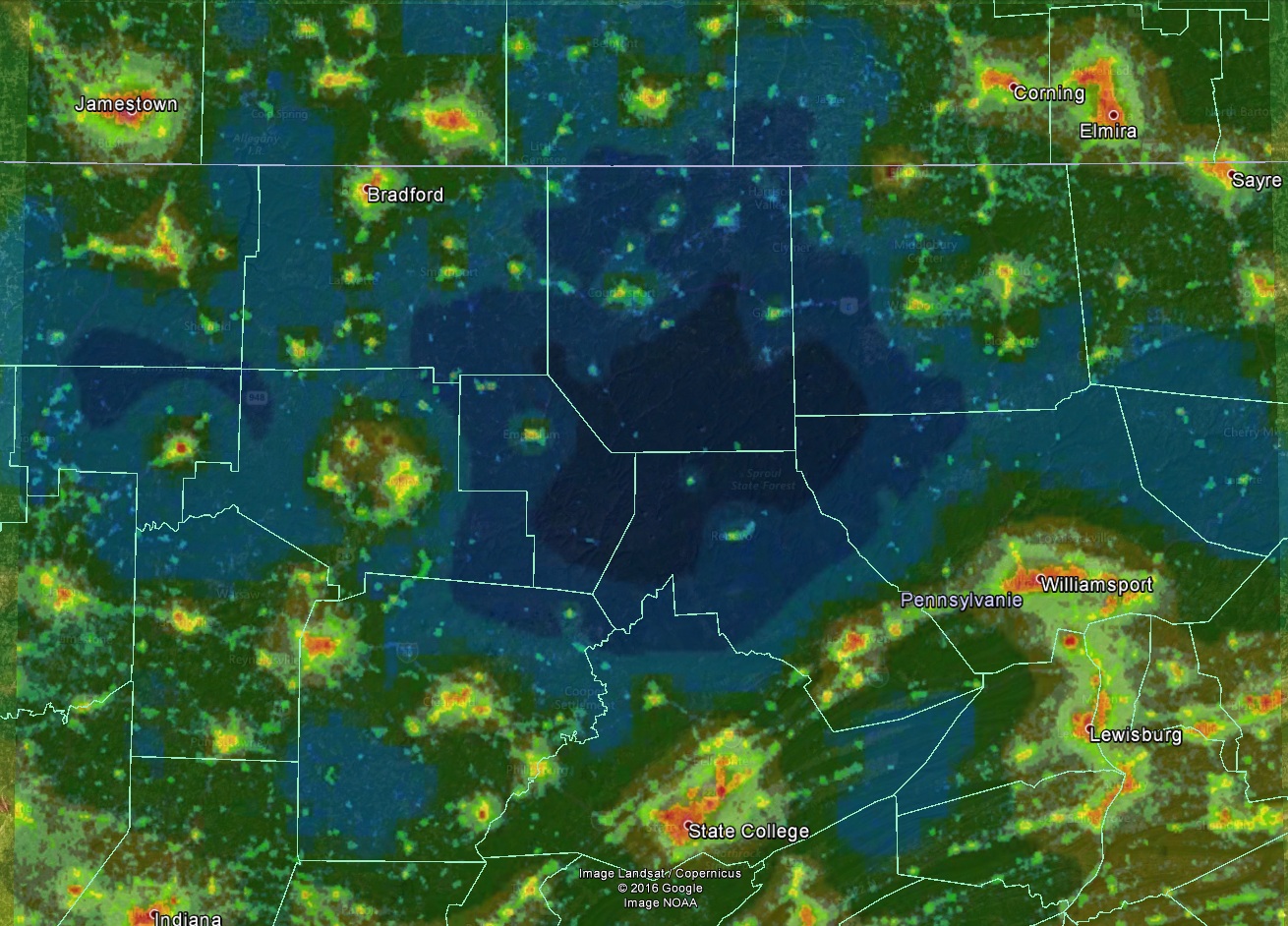 Carte combinée de la pollution lumineuse North Pennsylvania