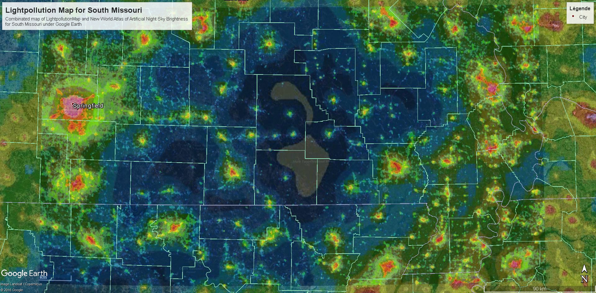 Carte combinée de la pollution lumineuse South Missouri