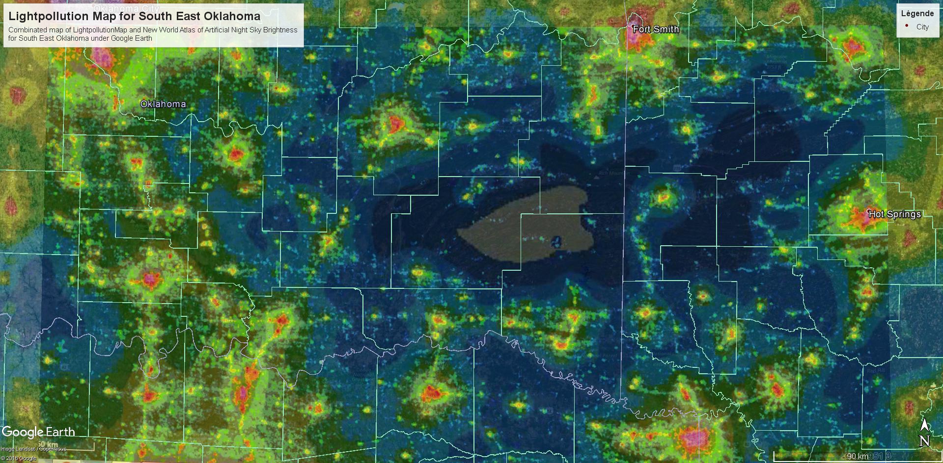 Carte combinée de la pollution lumineuse South East Oklahoma