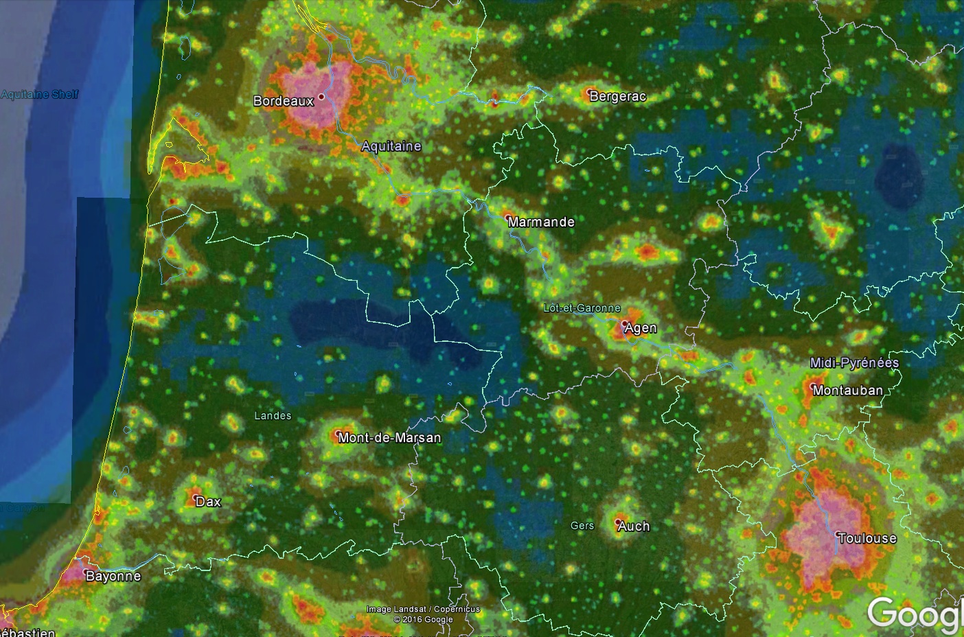 Carte combinée de la pollution lumineuse Sud-ouest