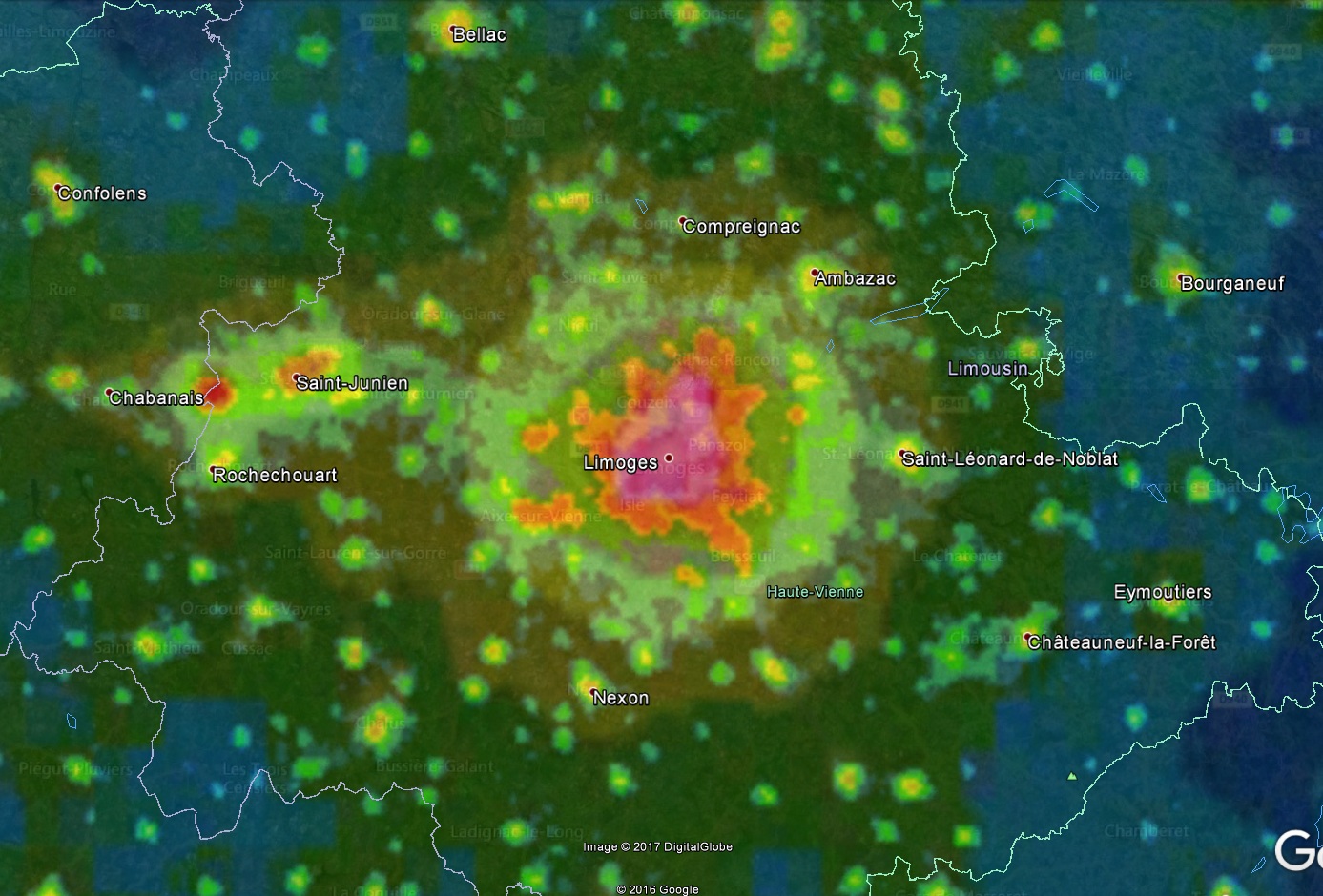 Carte combinée de la pollution lumineuse centrée sur Limoges